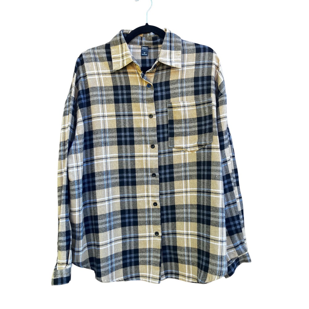Dazy Men Plaid Flannel Shirt Medium Tan Black Long Sleeve Button Up Pocket